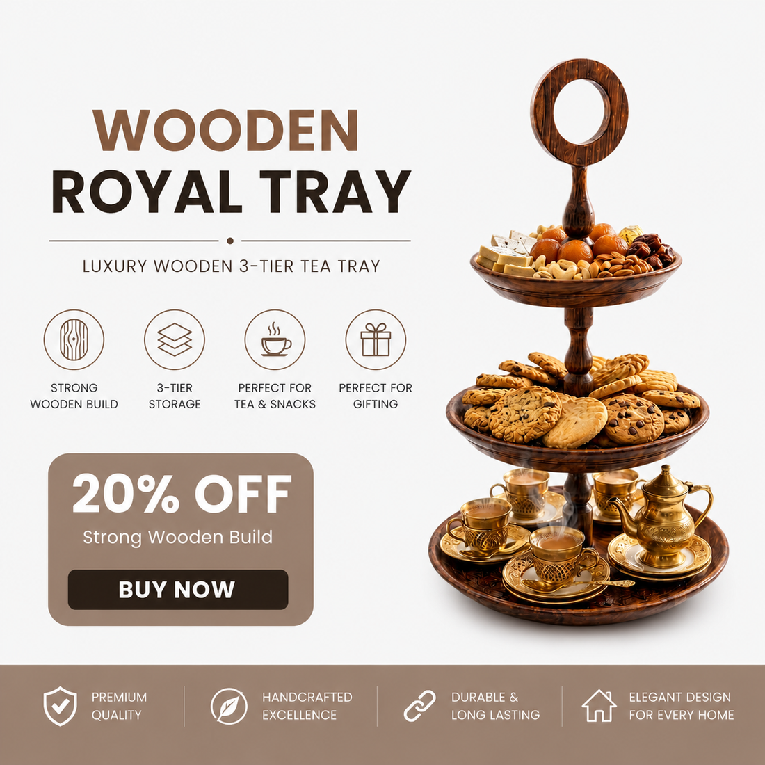 Handcrafted Wooden 3-Tier Tea Tray