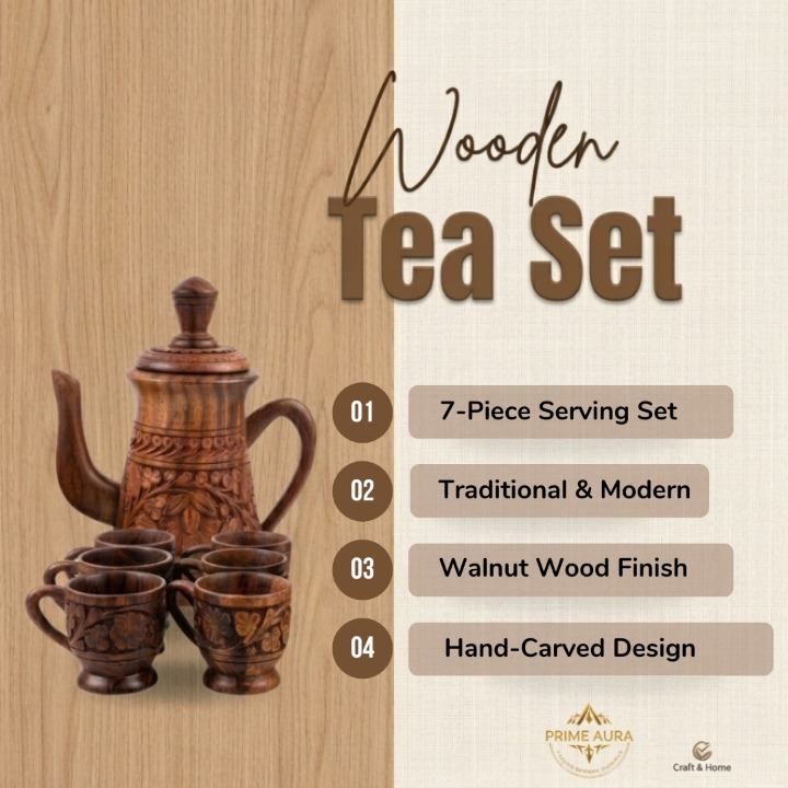 Hand-Carved Walnut Wood Tea Set 7-Piece