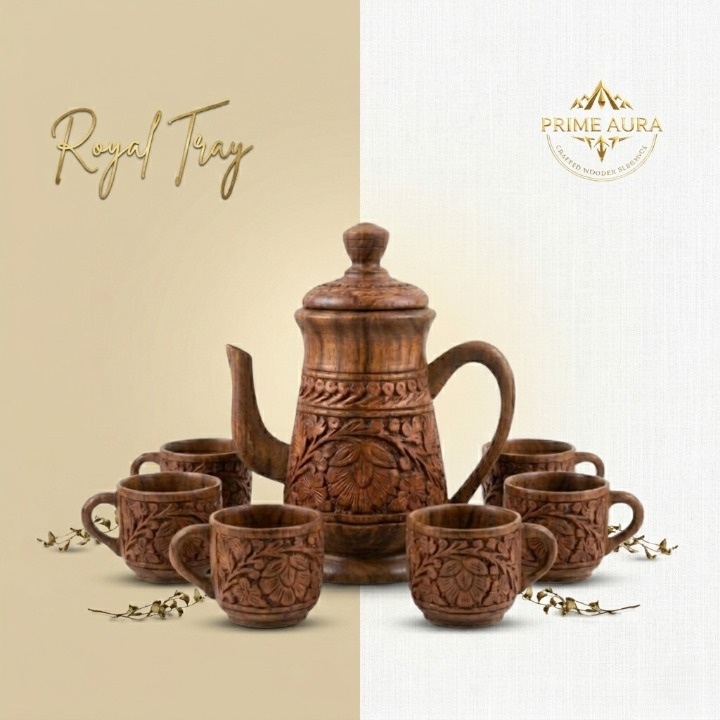 Hand-Carved Walnut Wood Tea Set 7-Piece