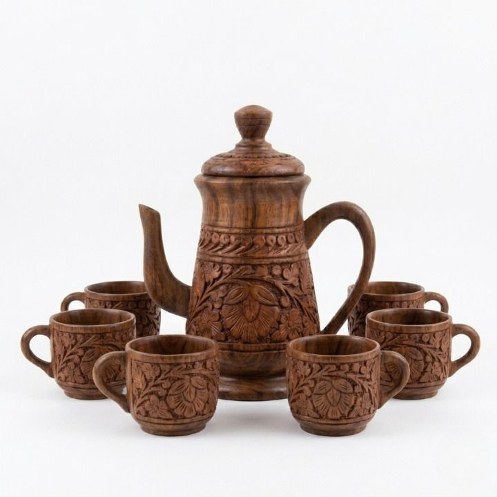 Hand-Carved Walnut Wood Tea Set 7-Piece