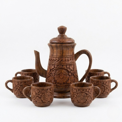 Hand-Carved Walnut Wood Tea Set 7-Piece